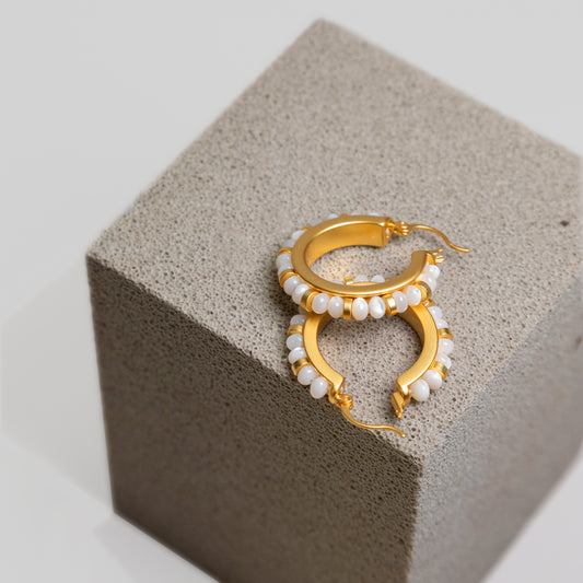 White Agate Beaded Hoops Earrings