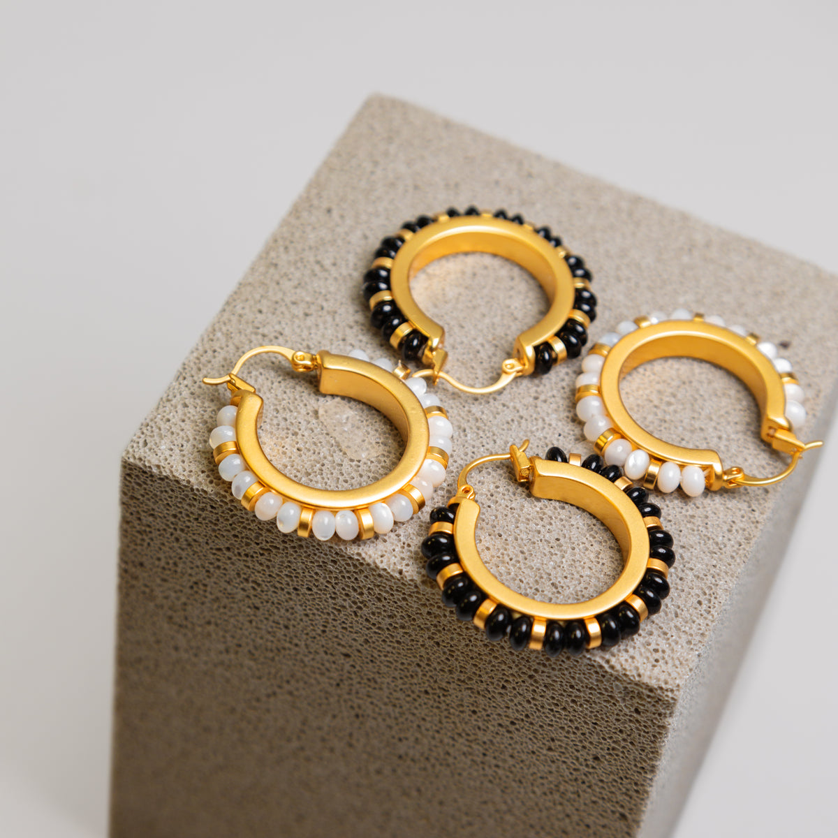 White Agate Beaded Hoops Earrings