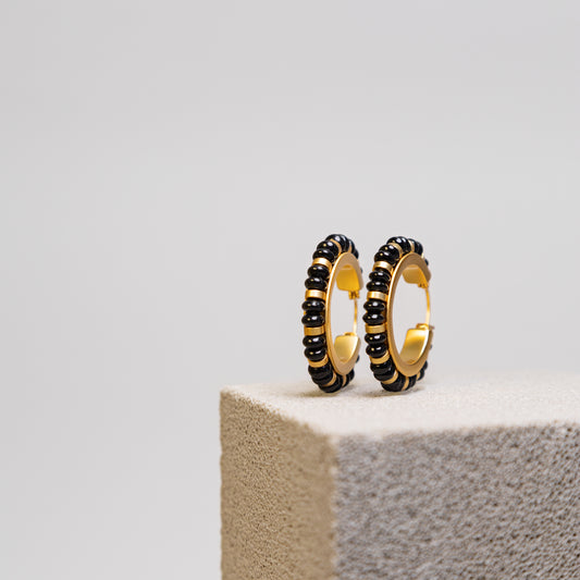 Black Agate Beaded Hoop Earrings
