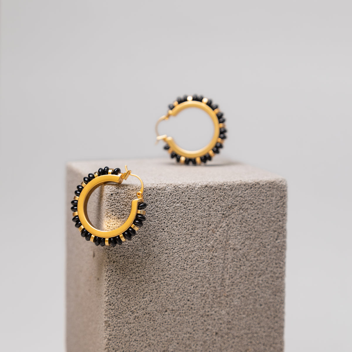 Black Agate Beaded Hoop Earrings