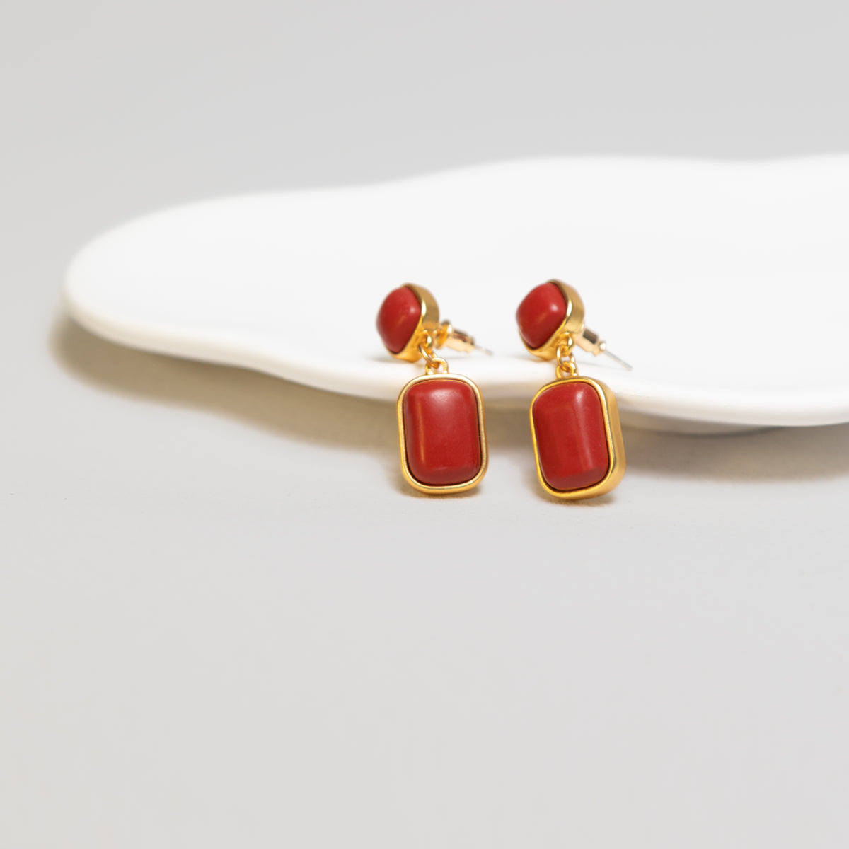 Red Stone Rectangular Earrings