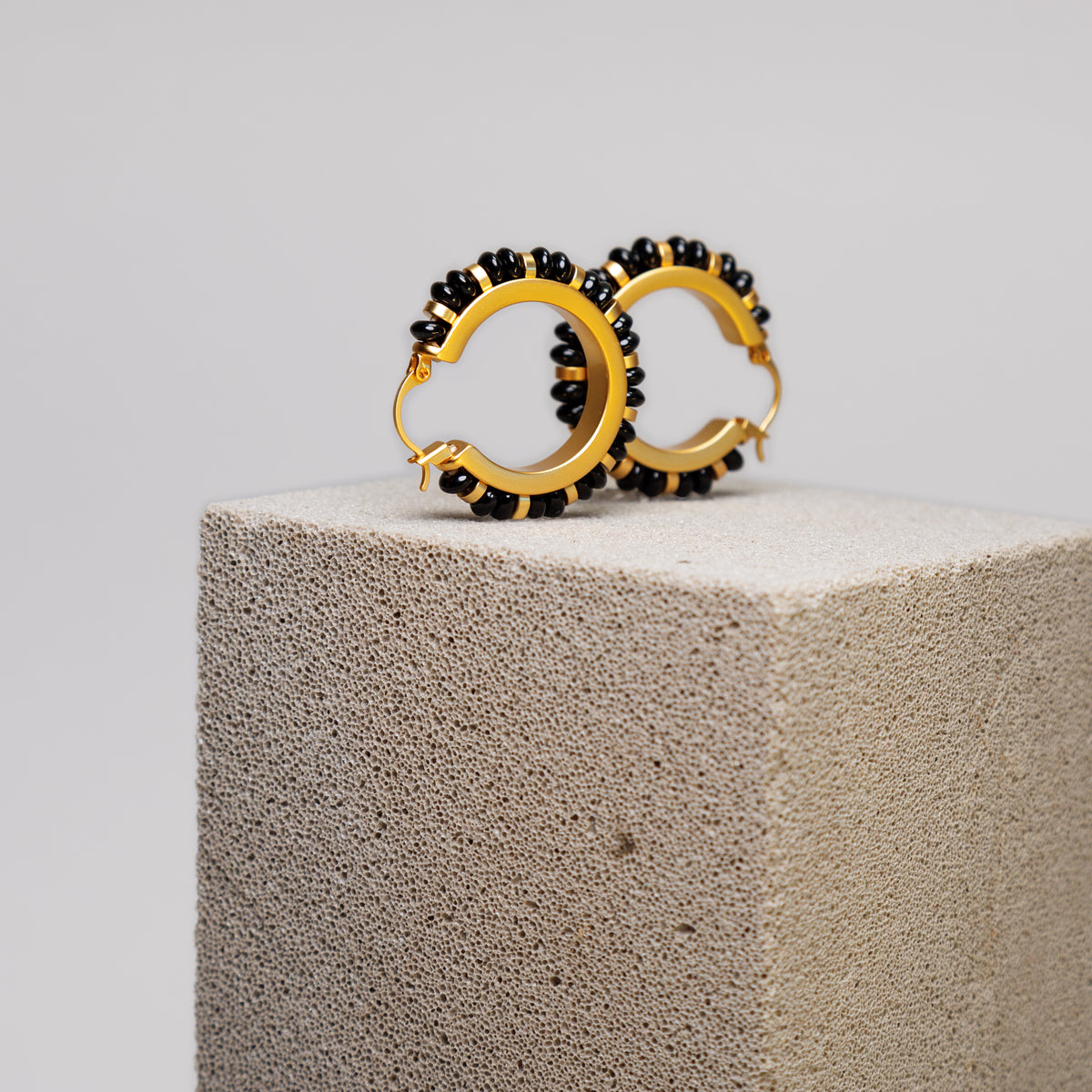 Black Agate Beaded Hoop Earrings