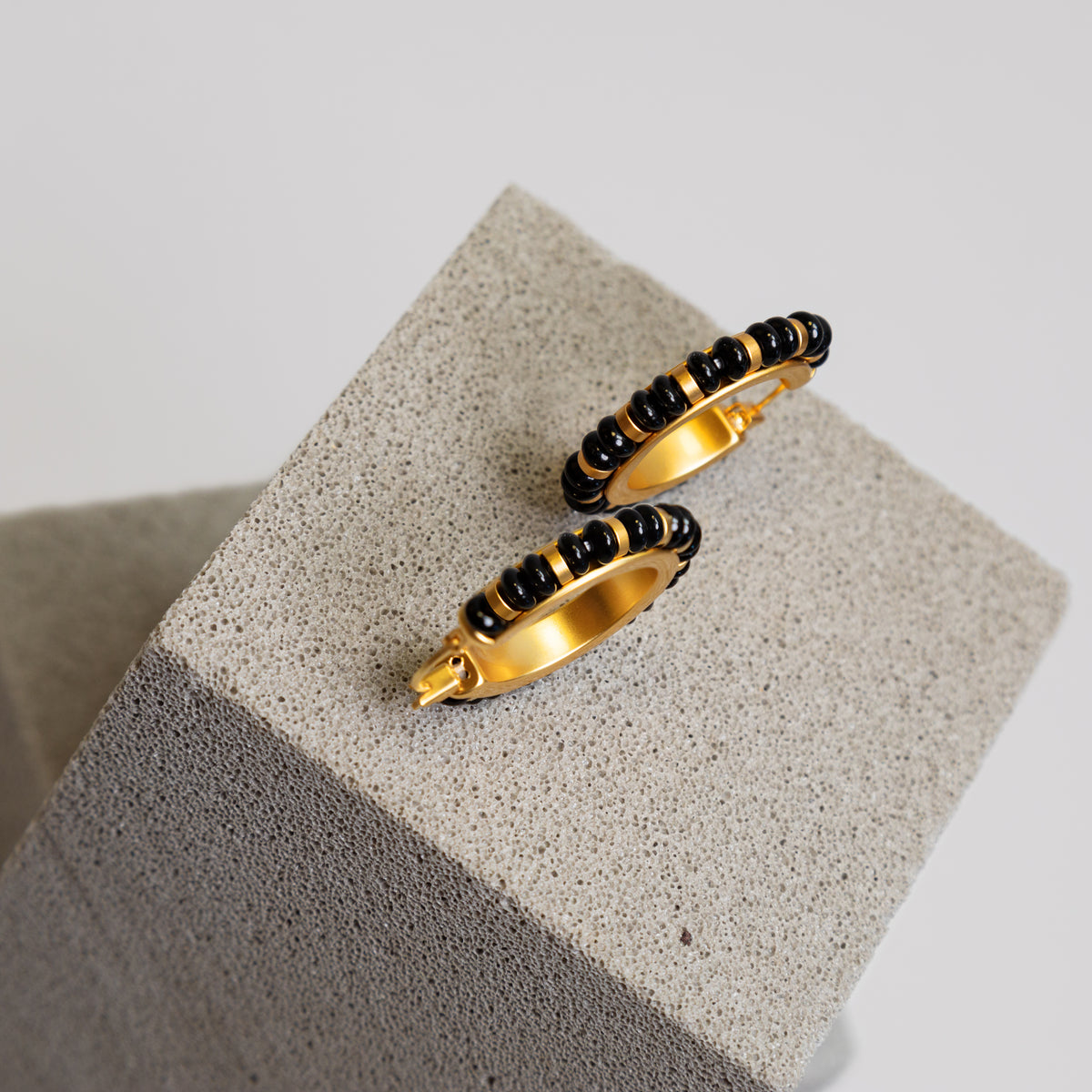 Black Agate Beaded Hoop Earrings