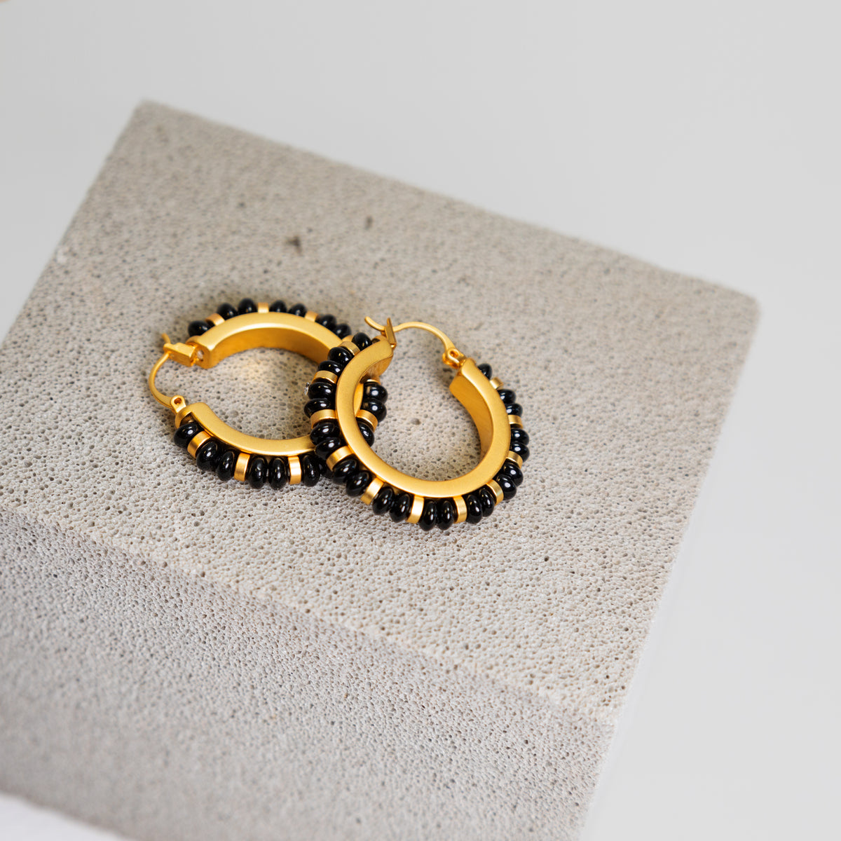 Black Agate Beaded Hoop Earrings